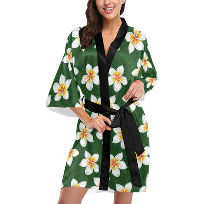 White Plumeria Pattern Print Design PM020 Women Kimono Robe