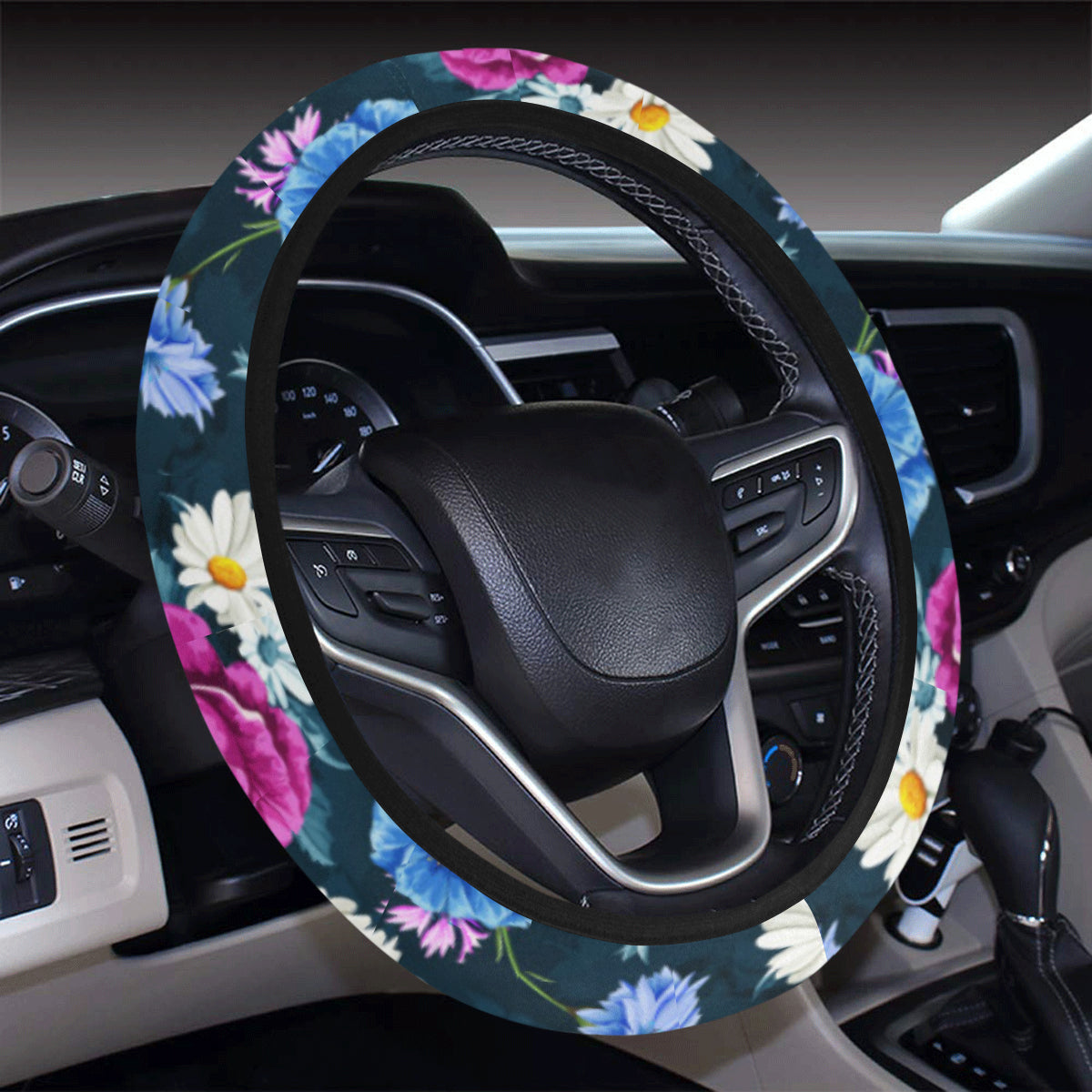 Floral Blue Themed Print Steering Wheel Cover with Elastic Edge