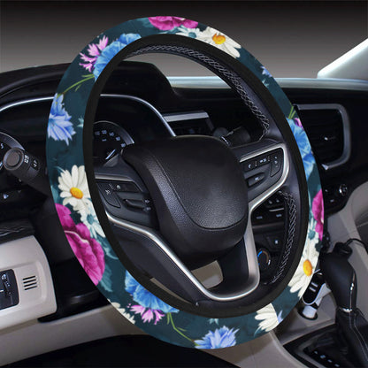 Floral Blue Themed Print Steering Wheel Cover with Elastic Edge