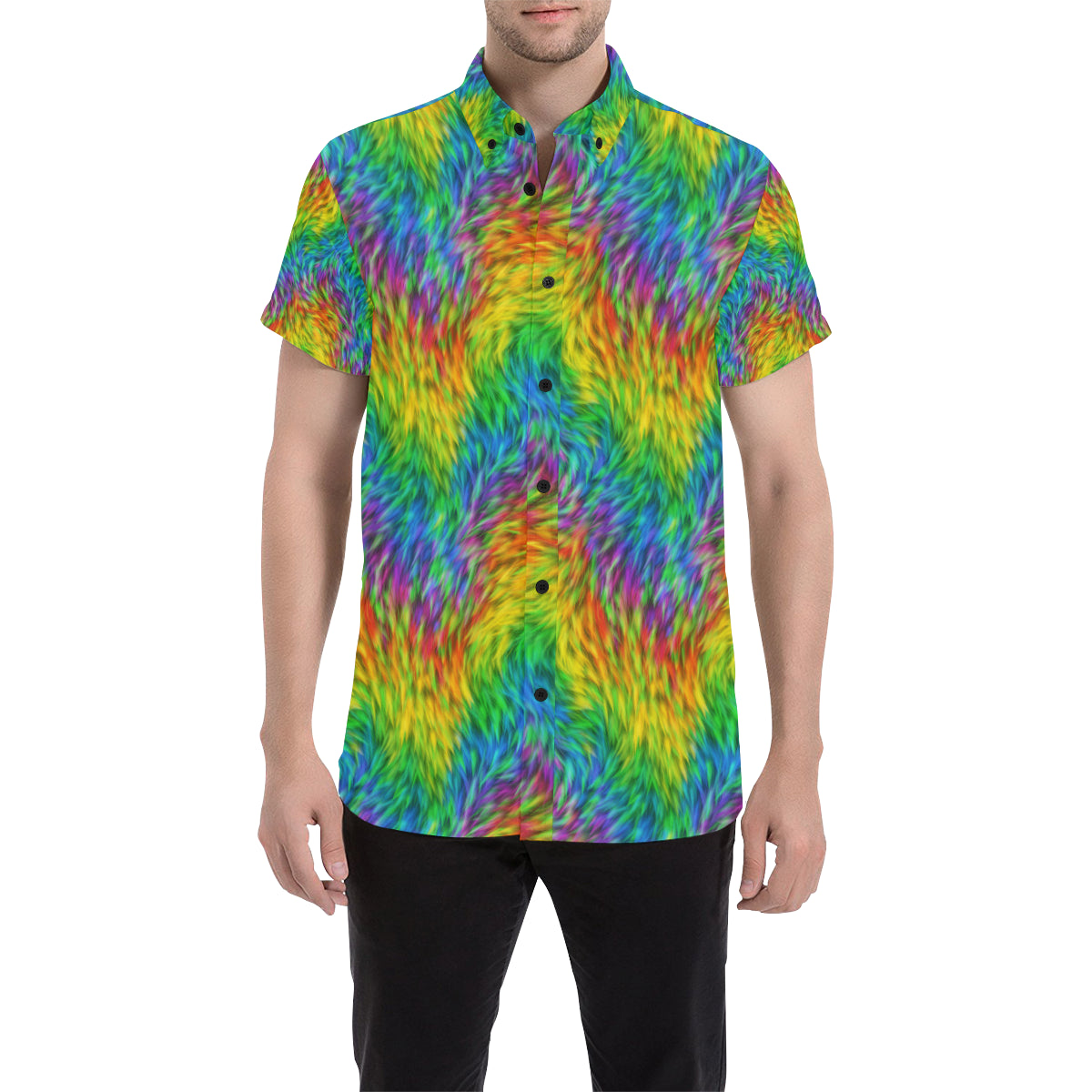Rainbow Fur Design Print Men's Short Sleeve Button Up Shirt