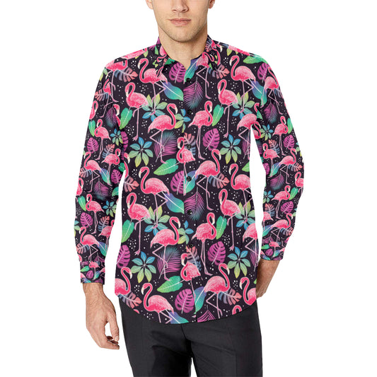 Flamingo Tropical leaves Neon Print Men's Long Sleeve Shirt