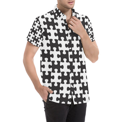 Puzzle Black White Pattern Print Design A02 Men's Short Sleeve Button Up Shirt
