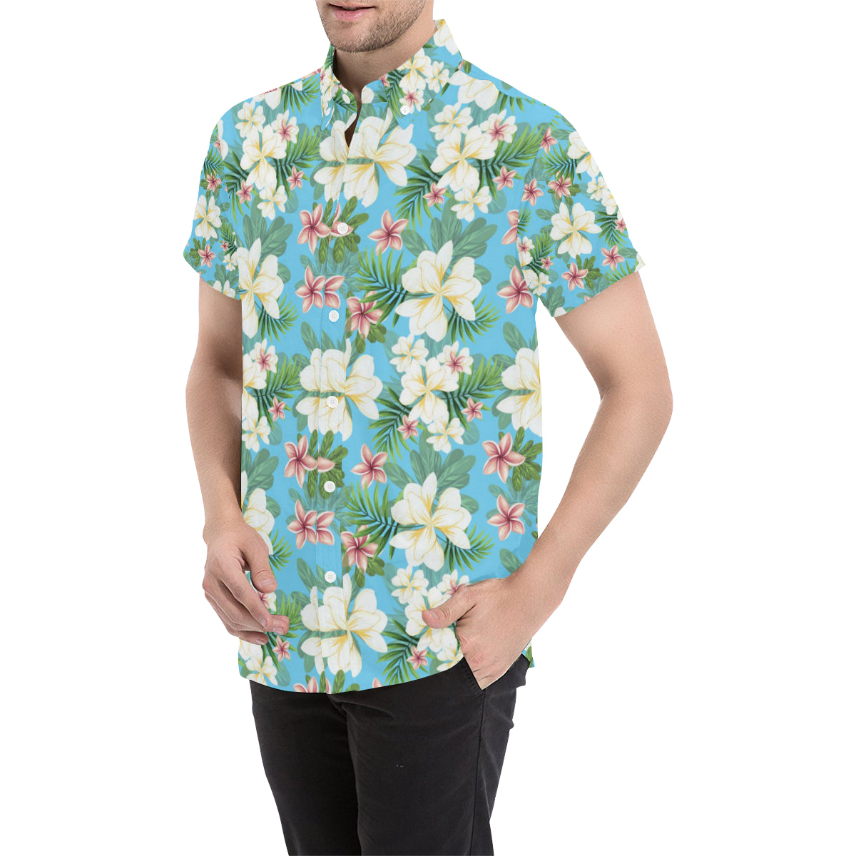 Plumeria Pattern Print Design PM028 Men's Short Sleeve Button Up Shirt