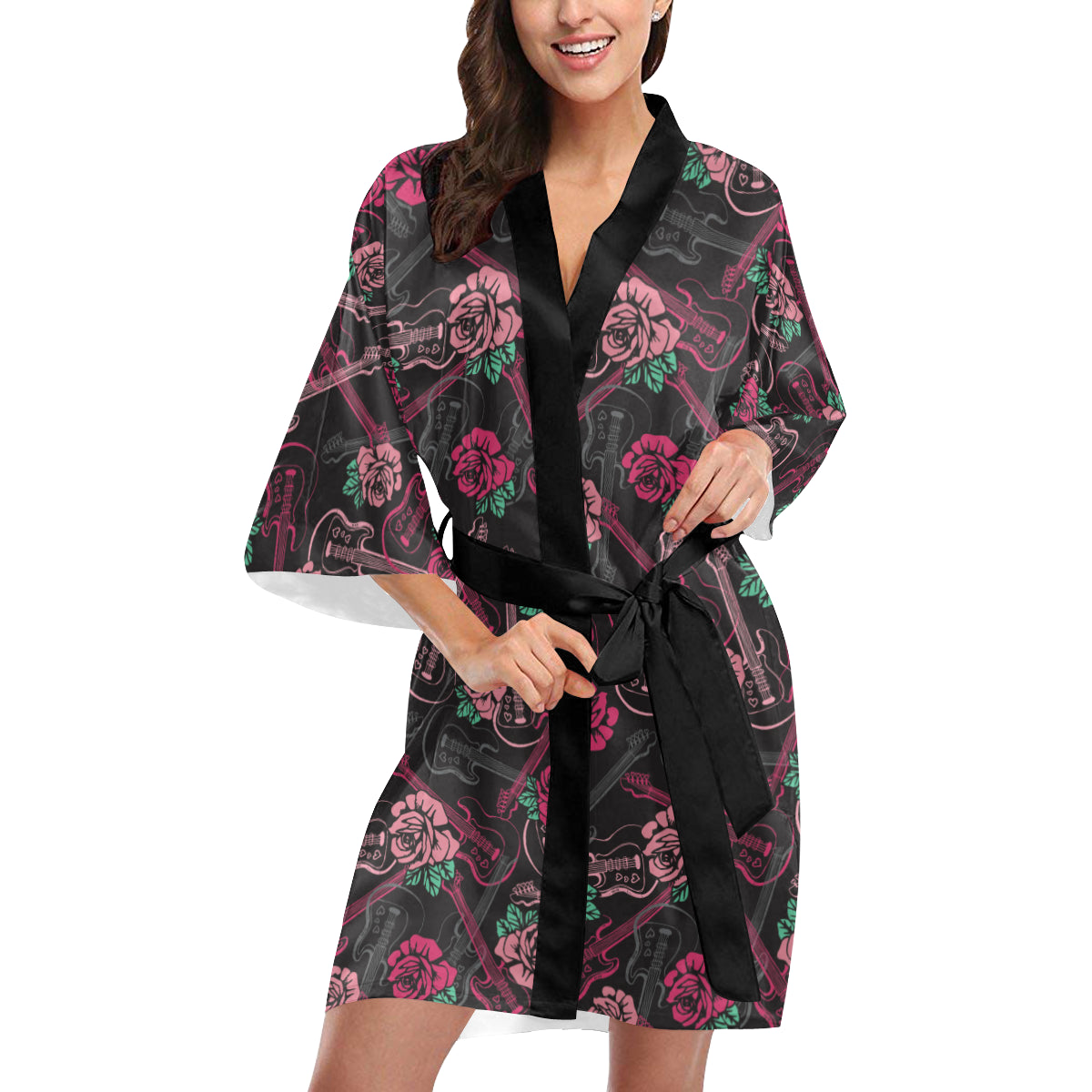 Bass Guitar Pink Rose Pattern Print Design 01 Women's Short Kimono