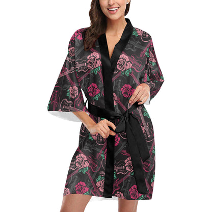 Bass Guitar Pink Rose Pattern Print Design 01 Women's Short Kimono
