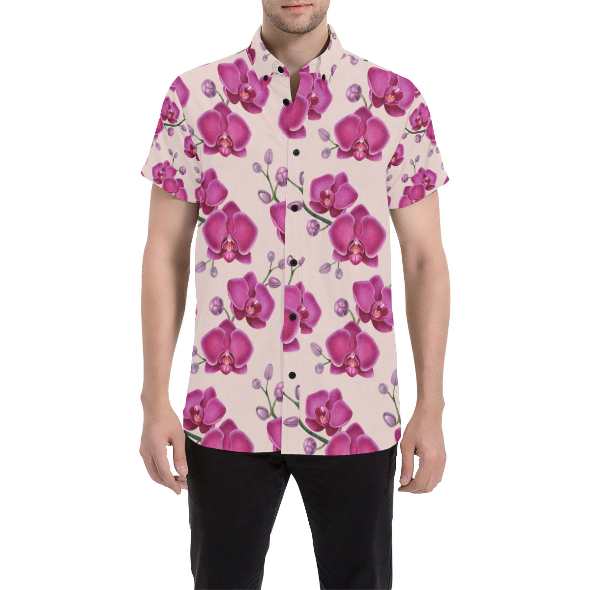 Orchid Pattern Print Design A02 Men's Short Sleeve Button Up Shirt