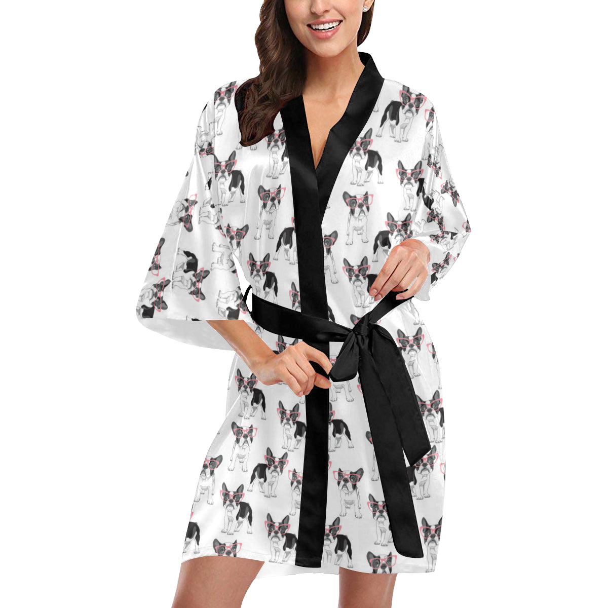 Boston Terrier Pattern Print Design 03 Women's Short Kimono