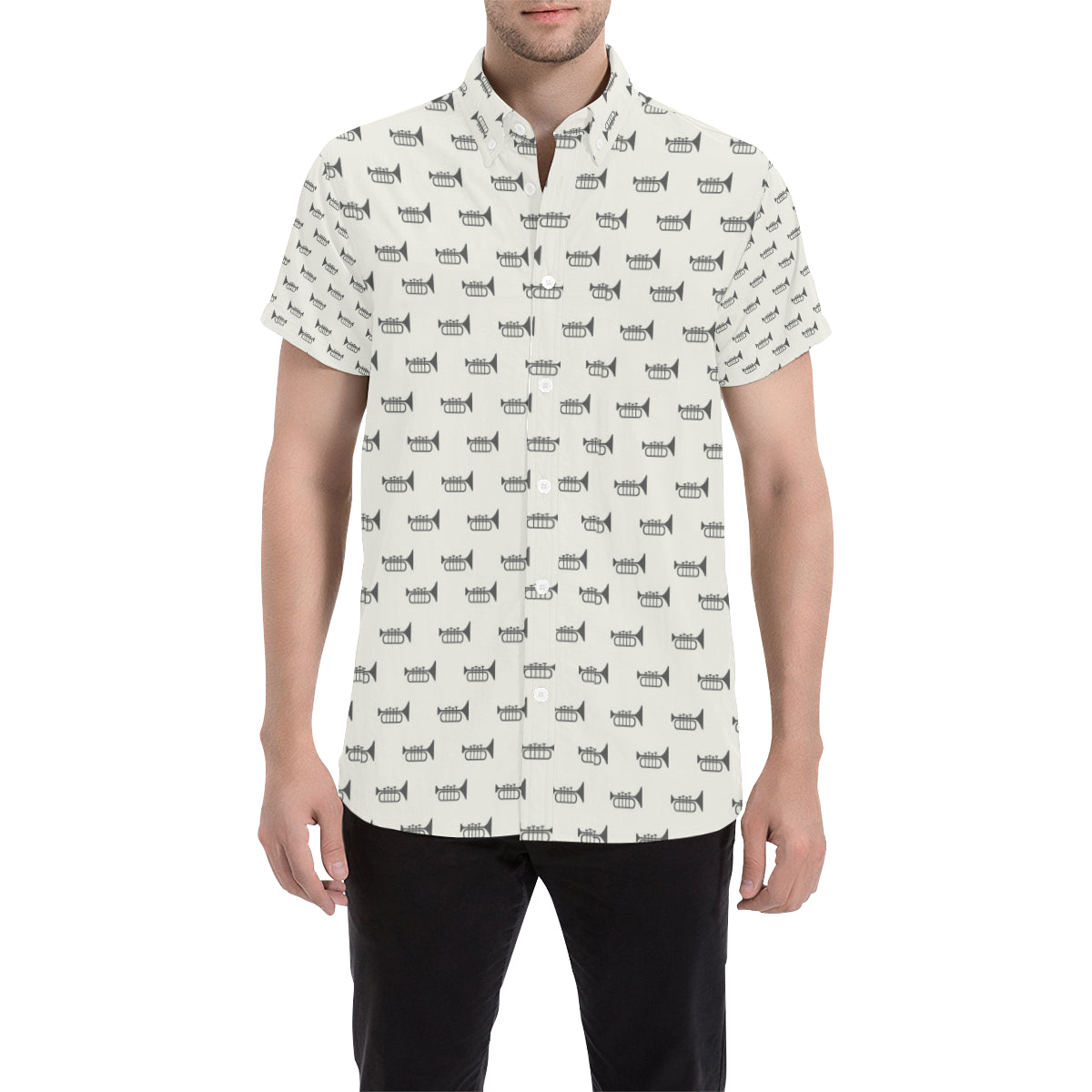 Trumpet Pattern Themed Print Men's Short Sleeve Button Up Shirt