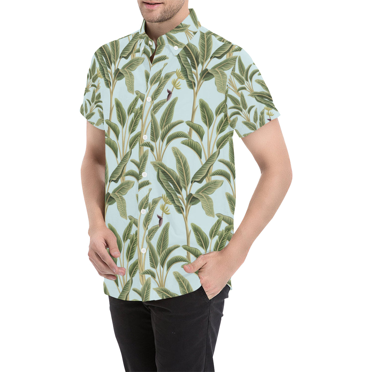 Banana Leaf Pattern Print Design BL03 Men's Short Sleeve Button Up Shirt
