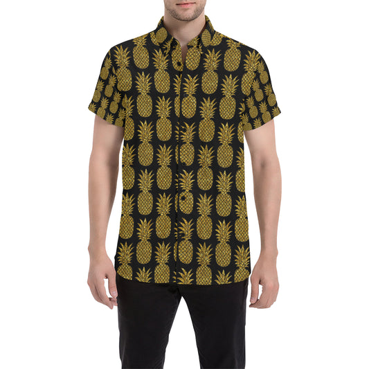 Gold Pineapple Pattern Print Design PP011 Men's Short Sleeve Button Up Shirt