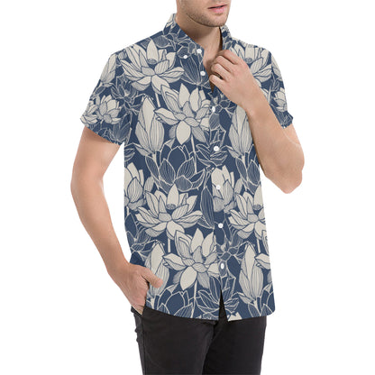 Water Lily Pattern Print Design WL04 Men's Short Sleeve Button Up Shirt