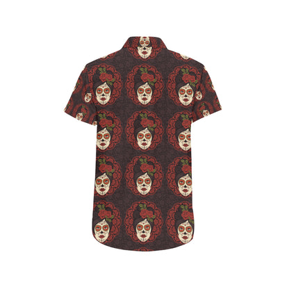 Day of the Dead Mexican Girl Men's Short Sleeve Button Up Shirt