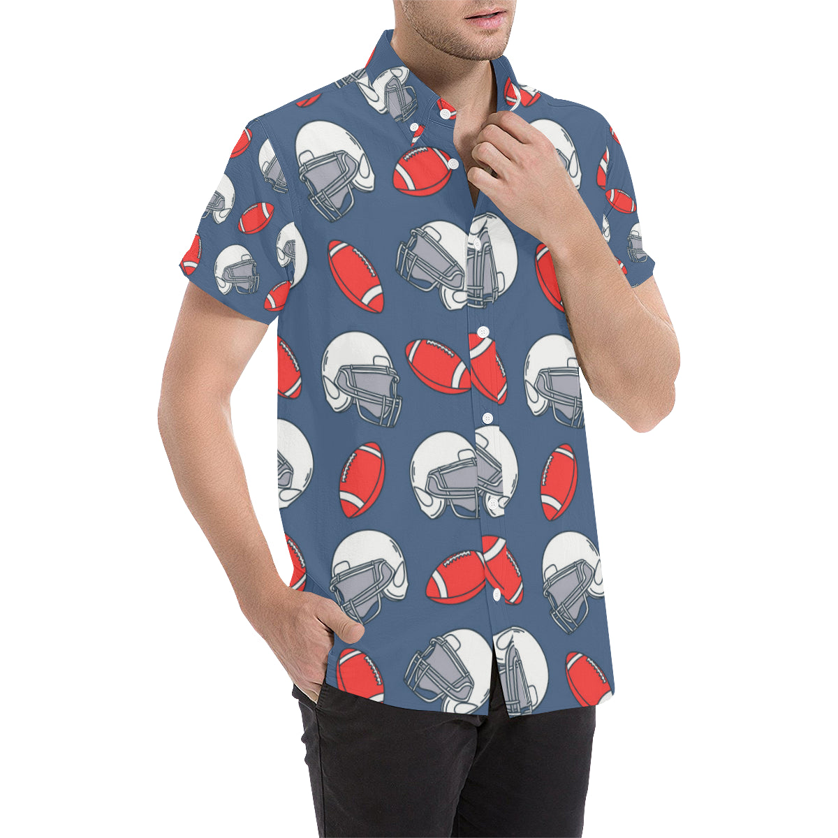 American Football Helmet Design Pattern Men's Short Sleeve Button Up Shirt