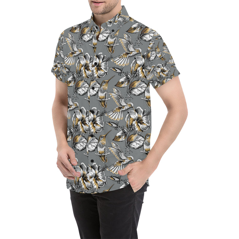Hummingbird Pattern Print Design 02 Men's Short Sleeve Button Up Shirt