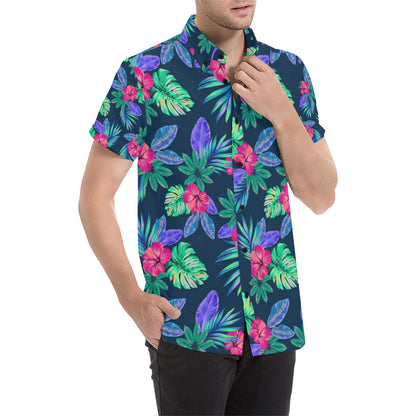 Tropical Flower Pattern Print Design TF09 Men's Short Sleeve Button Up Shirt