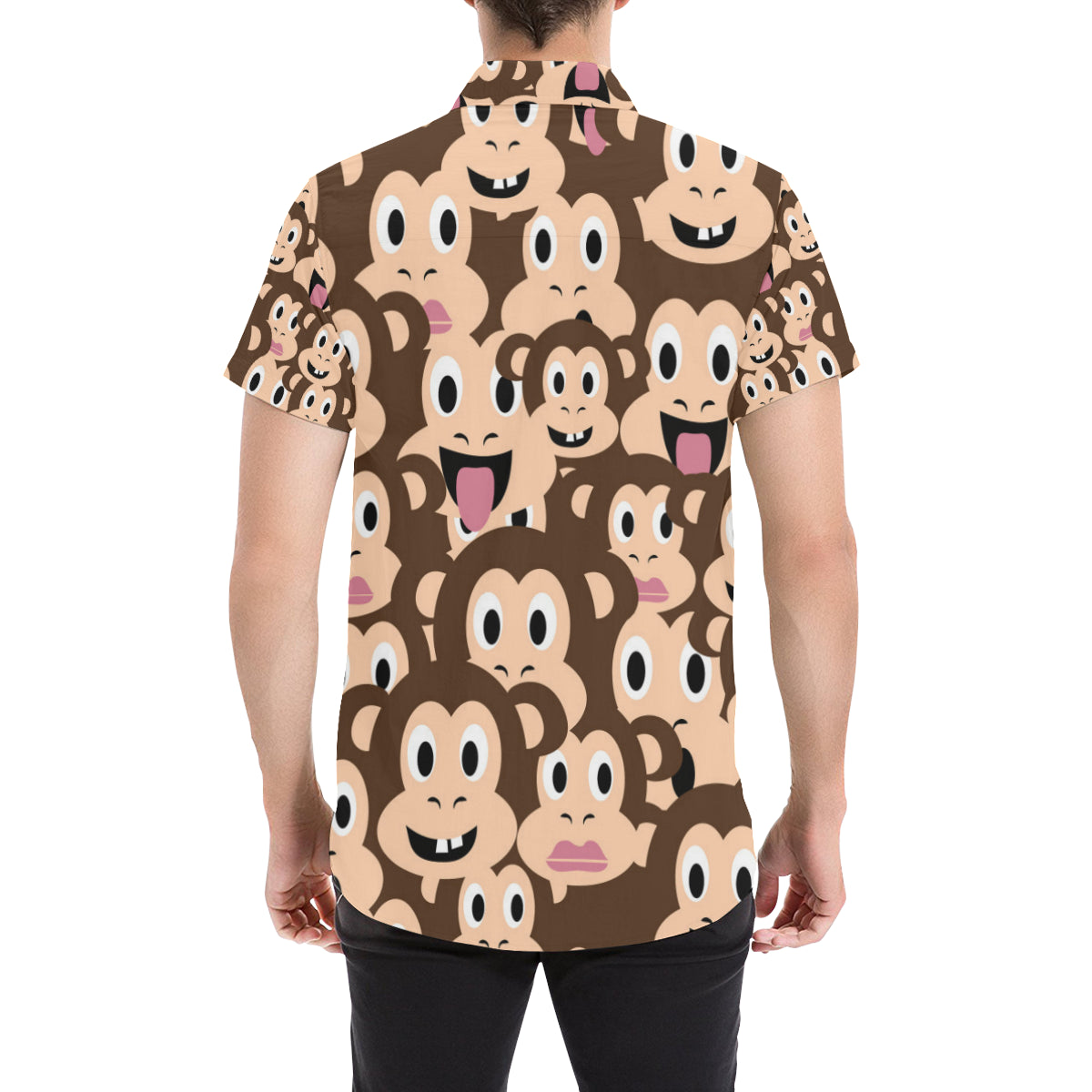Emoji Monkey Print Pattern Men's Short Sleeve Button Up Shirt