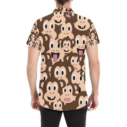 Emoji Monkey Print Pattern Men's Short Sleeve Button Up Shirt