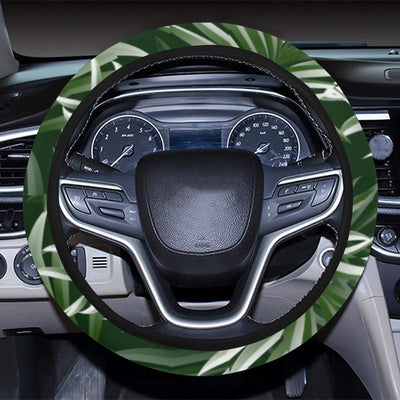 White Green Tropical Palm Leaves Steering Wheel Cover with Elastic Edge