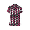 Pink Rose Skull Themed Print Men's Short Sleeve Button Up Shirt