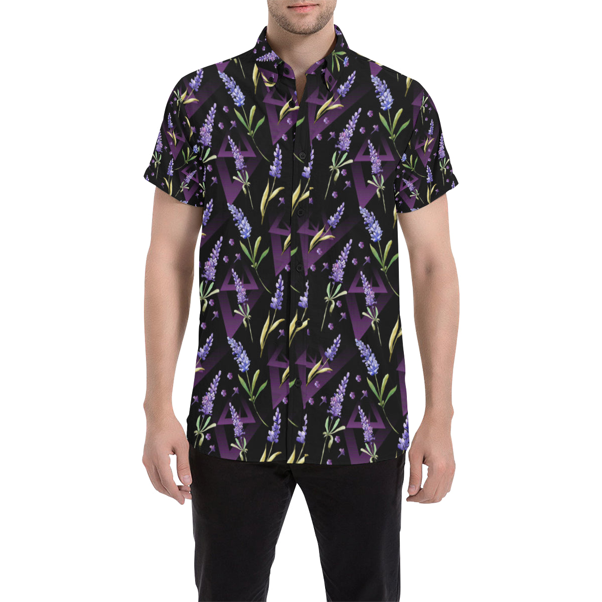 Lavender Pattern Print Design LV07 Men's Short Sleeve Button Up Shirt