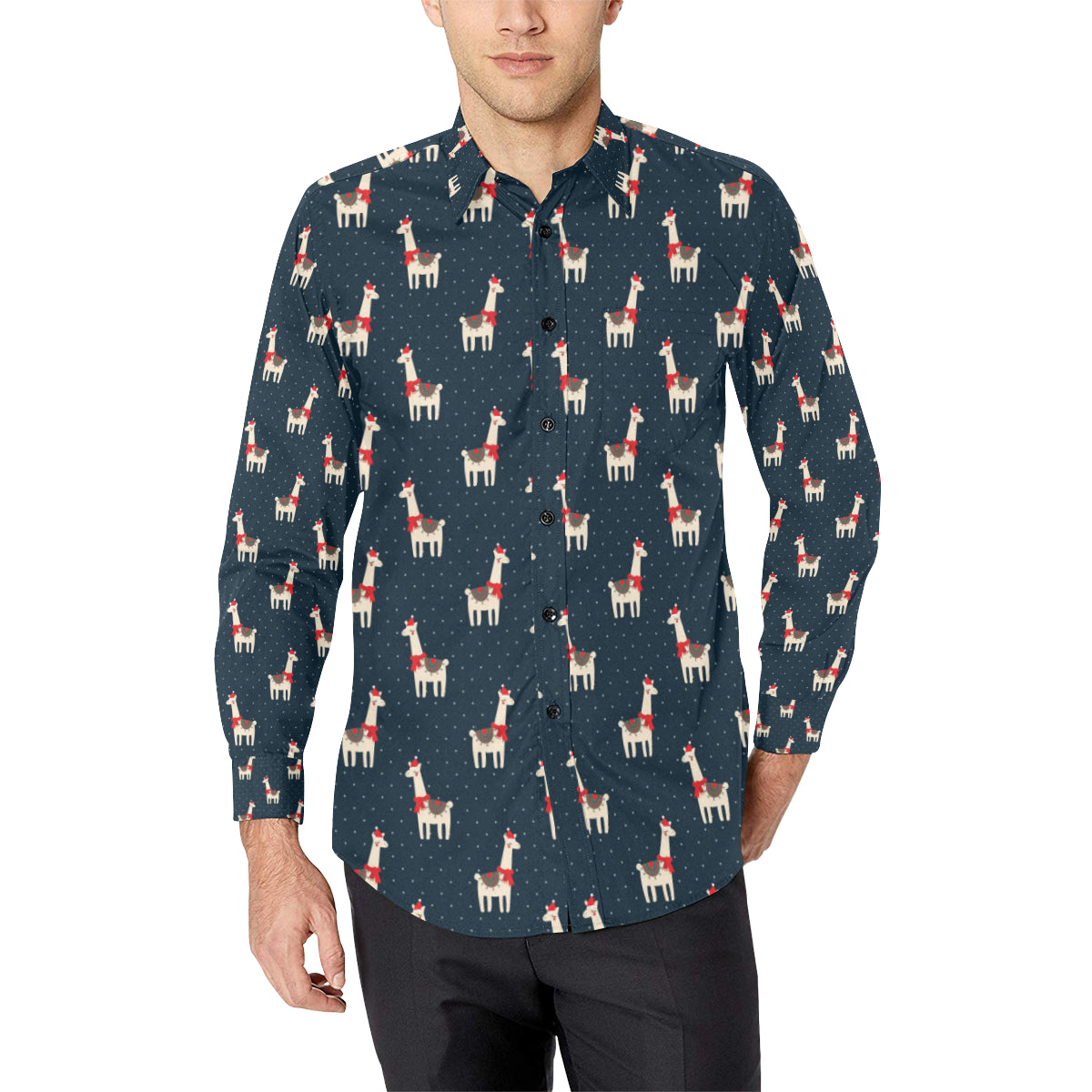 Llama with Polka Dot Themed Print Men's Long Sleeve Shirt