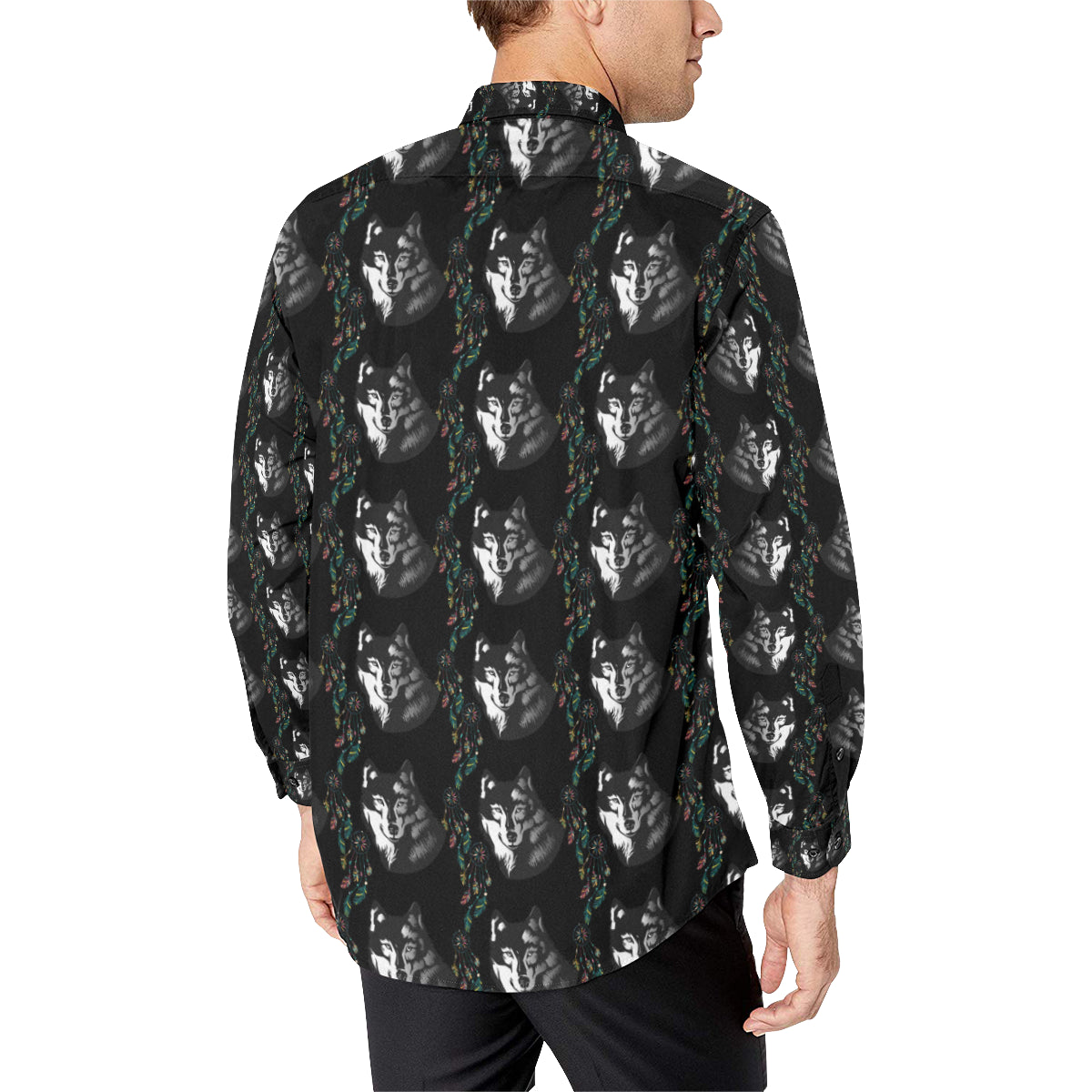 Wolf Black Dream Catcher Design Print Men's Long Sleeve Shirt