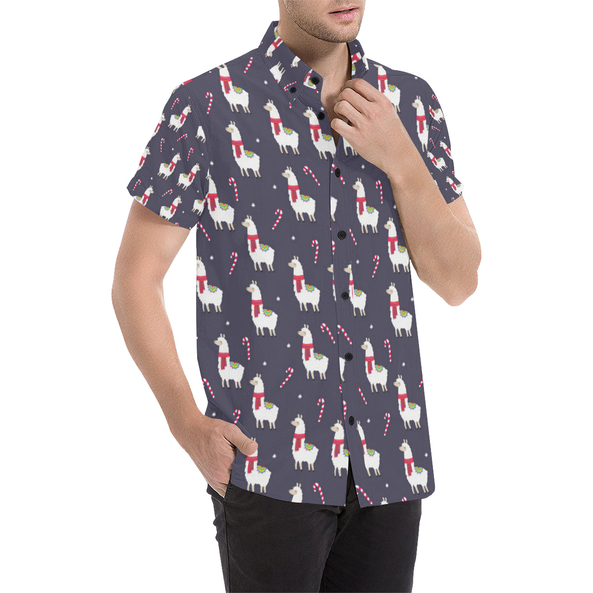 Llama with Candy Cane Themed Print Men's Short Sleeve Button Up Shirt