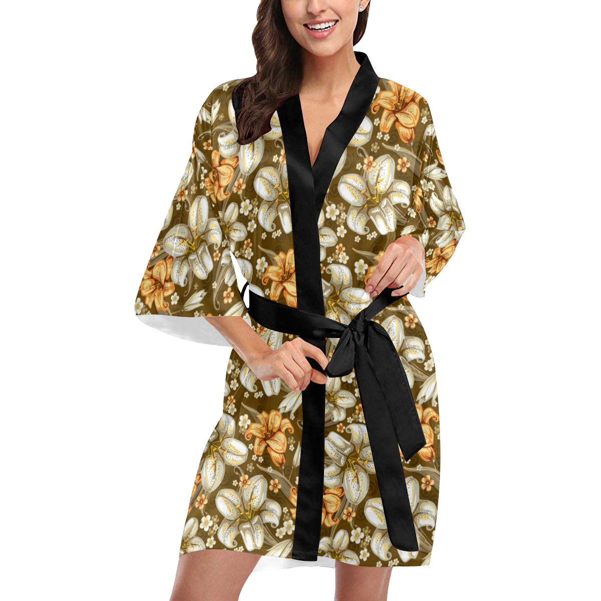 Lily Pattern Print Design 01 Women's Short Kimono