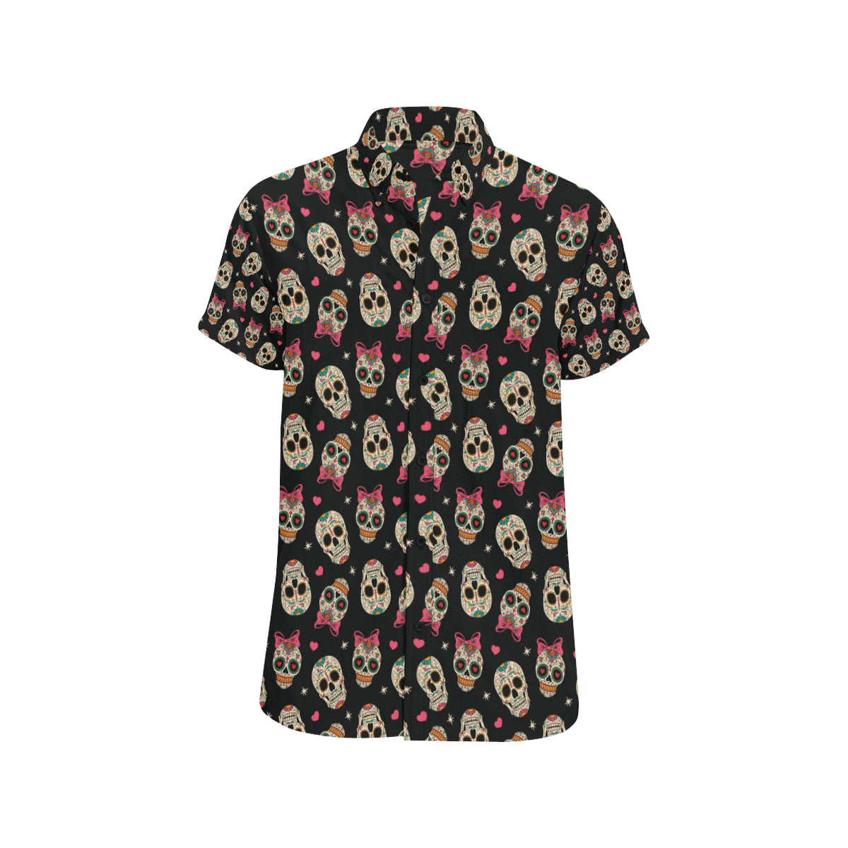 Sugar Skull Pink Bow Themed Print Men's Short Sleeve Button Up Shirt