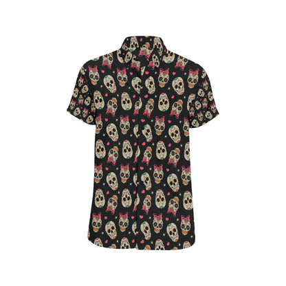 Sugar Skull Pink Bow Themed Print Men's Short Sleeve Button Up Shirt