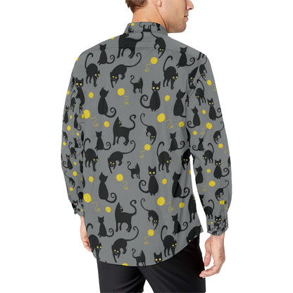 Black Cat Yellow Yarn Print Pattern Men's Long Sleeve Shirt