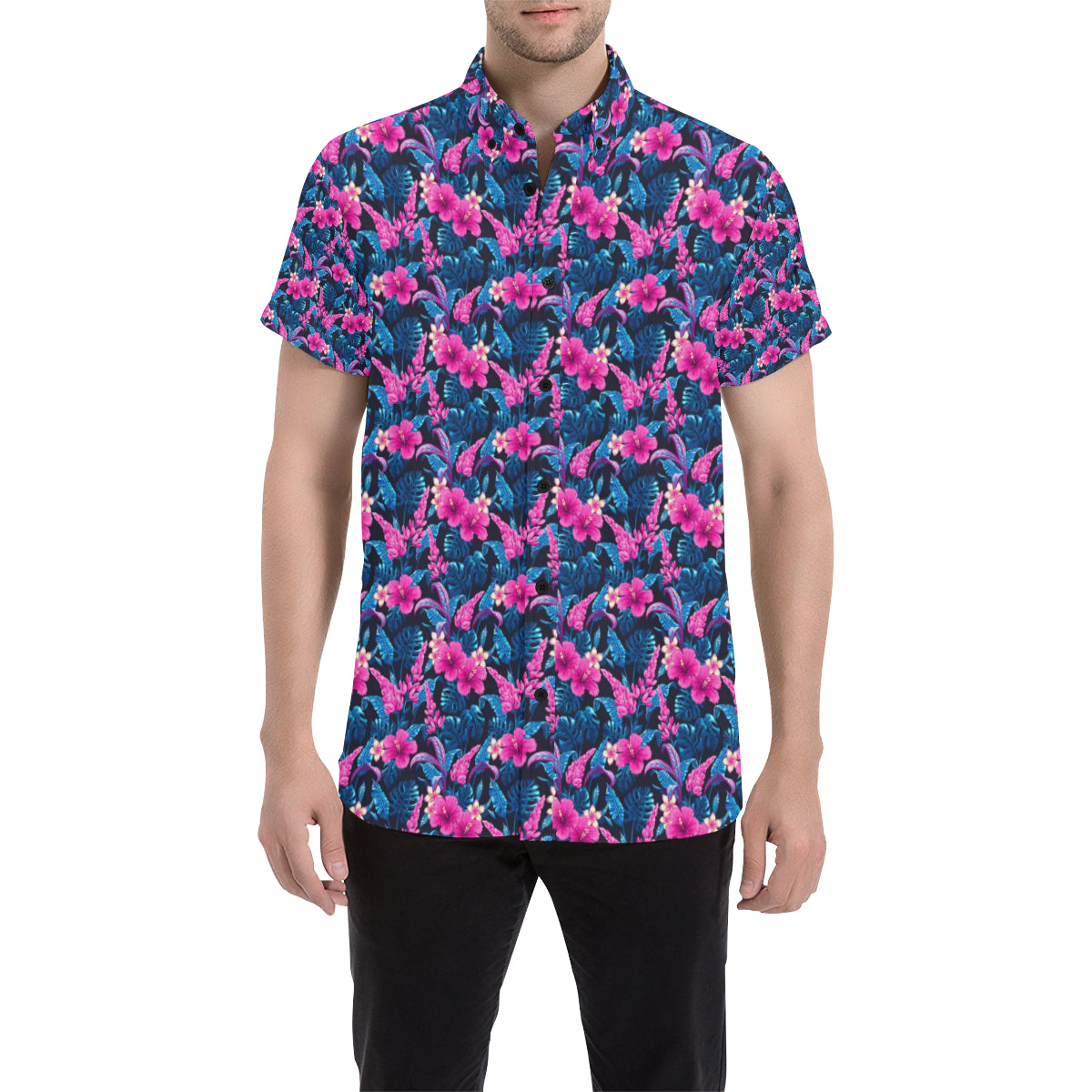 Tropical Folower Pink Themed Print Men's Short Sleeve Button Up Shirt