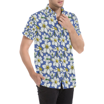 Daffodils Pattern Print Design DF08 Men's Short Sleeve Button Up Shirt