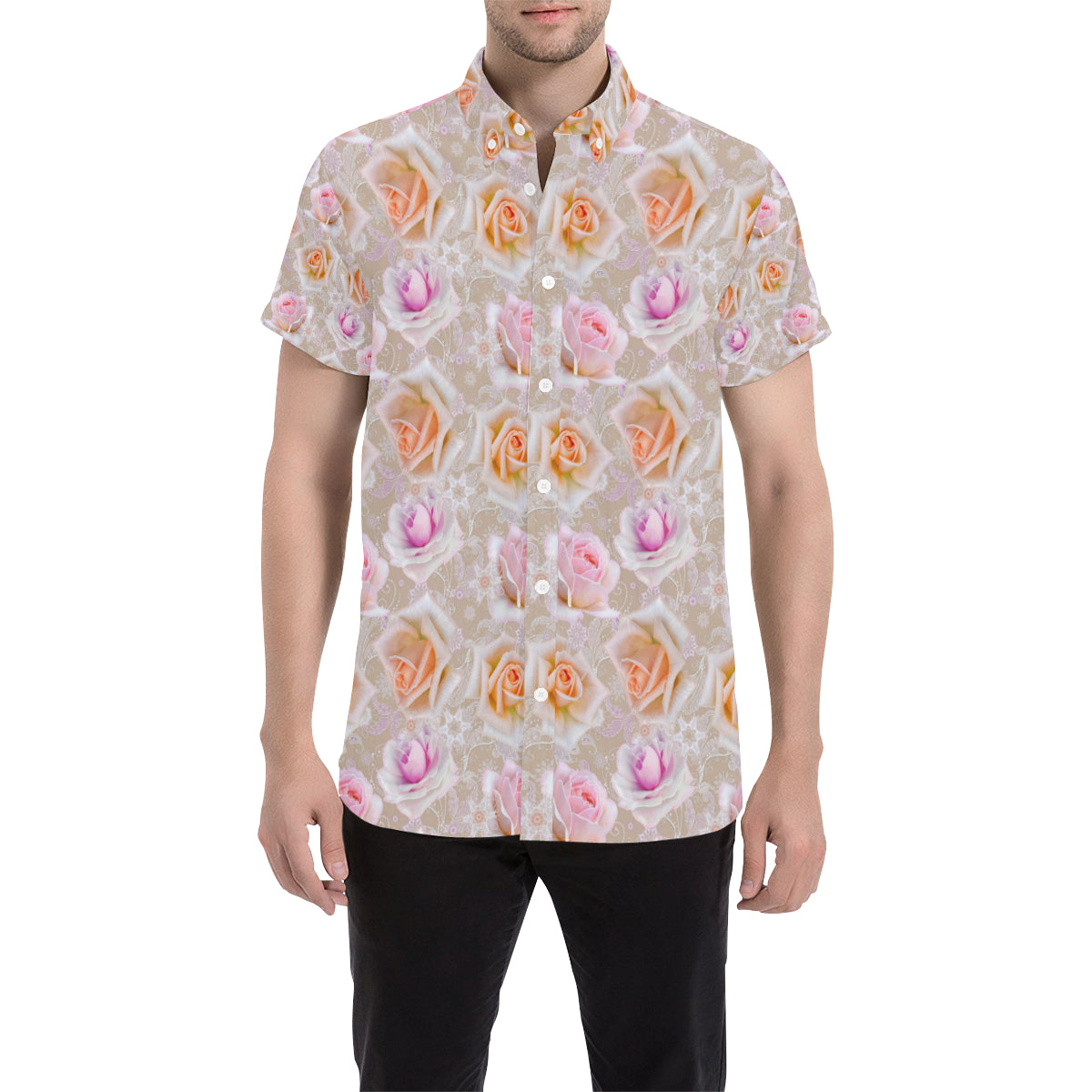 Rose Pattern Print Design RO011 Men's Short Sleeve Button Up Shirt