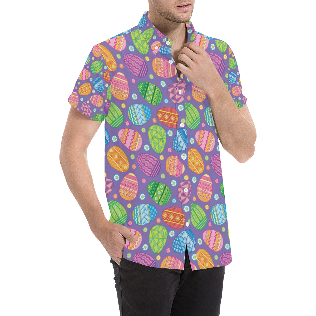 Easter Eggs Pattern Print Design RB010 Men's Short Sleeve Button Up Shirt