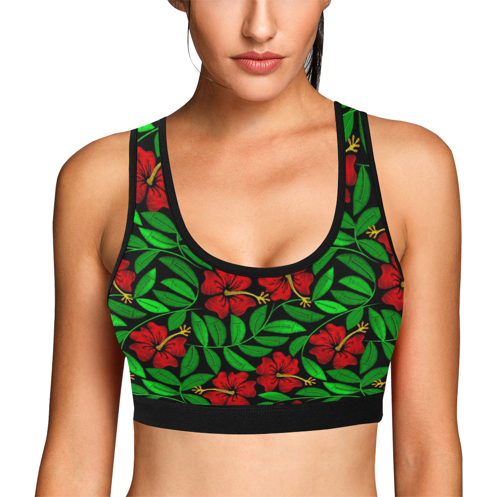 Red Hibiscus Embroidered Pattern Print Design HB03 Sports Bra