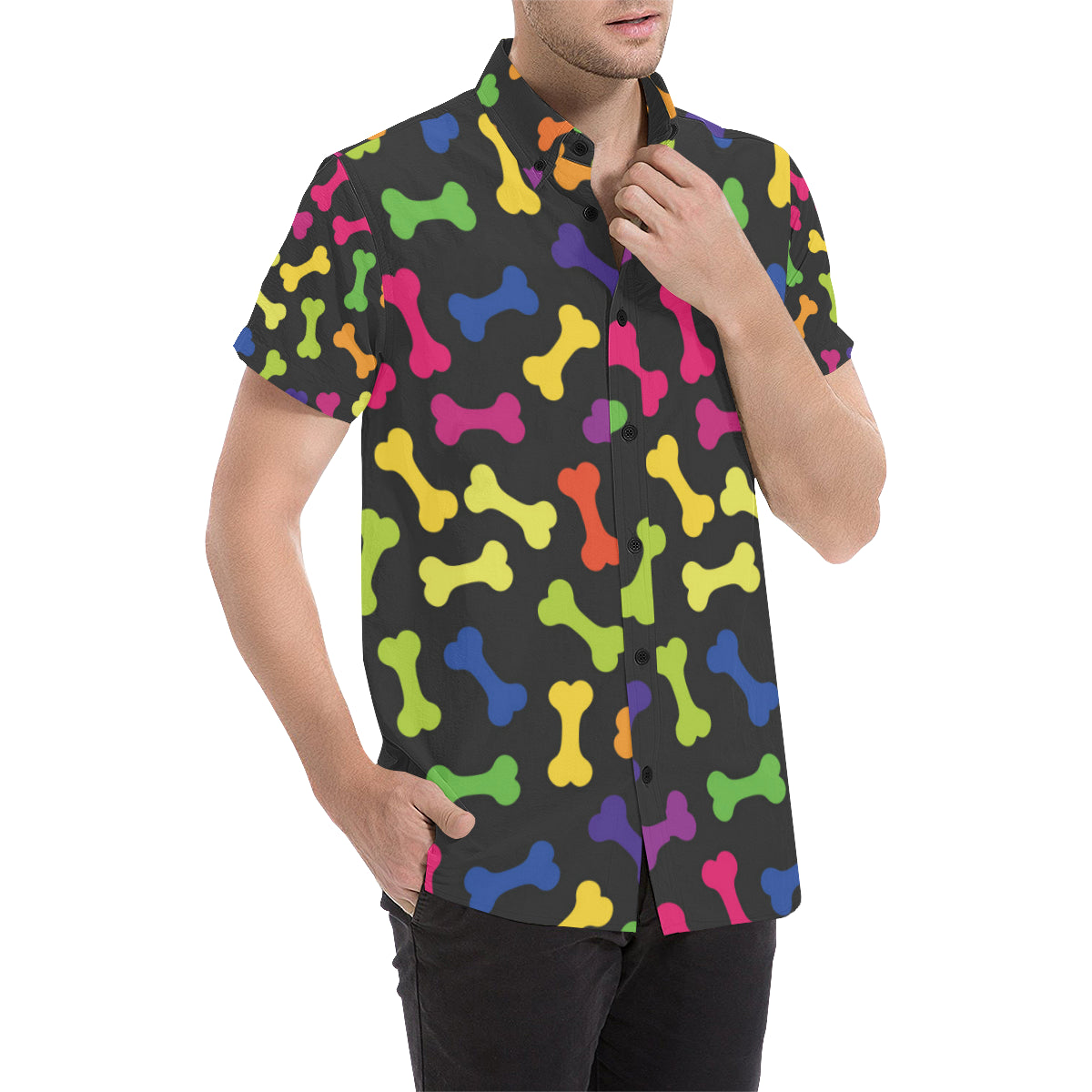 Dog Bone Neon Color Pattern Print Design 02 Men's Short Sleeve Button Up Shirt