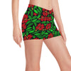 Red Hibiscus Embroidered Pattern Print Design HB03 Yoga Shorts