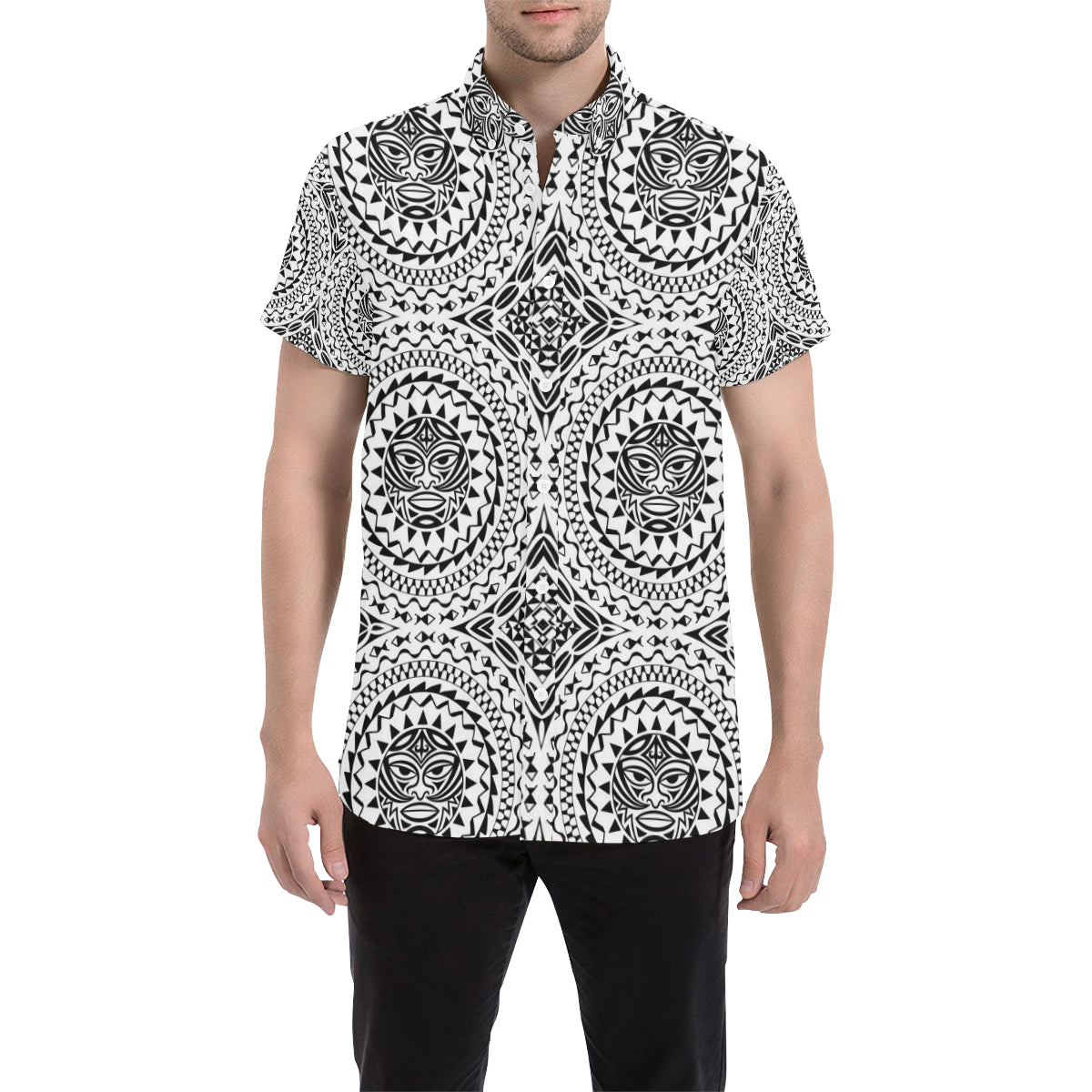 Polynesian Tribal Mask Men's Short Sleeve Button Up Shirt