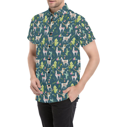 Llama with Cactus Design Print Men's Short Sleeve Button Up Shirt