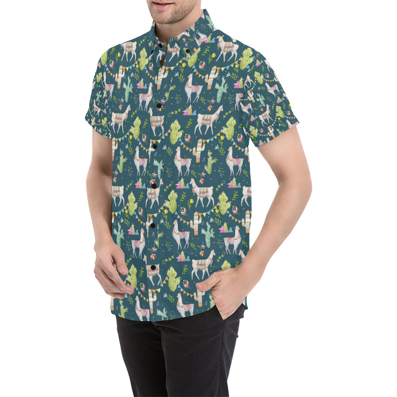 Llama with Cactus Design Print Men's Short Sleeve Button Up Shirt