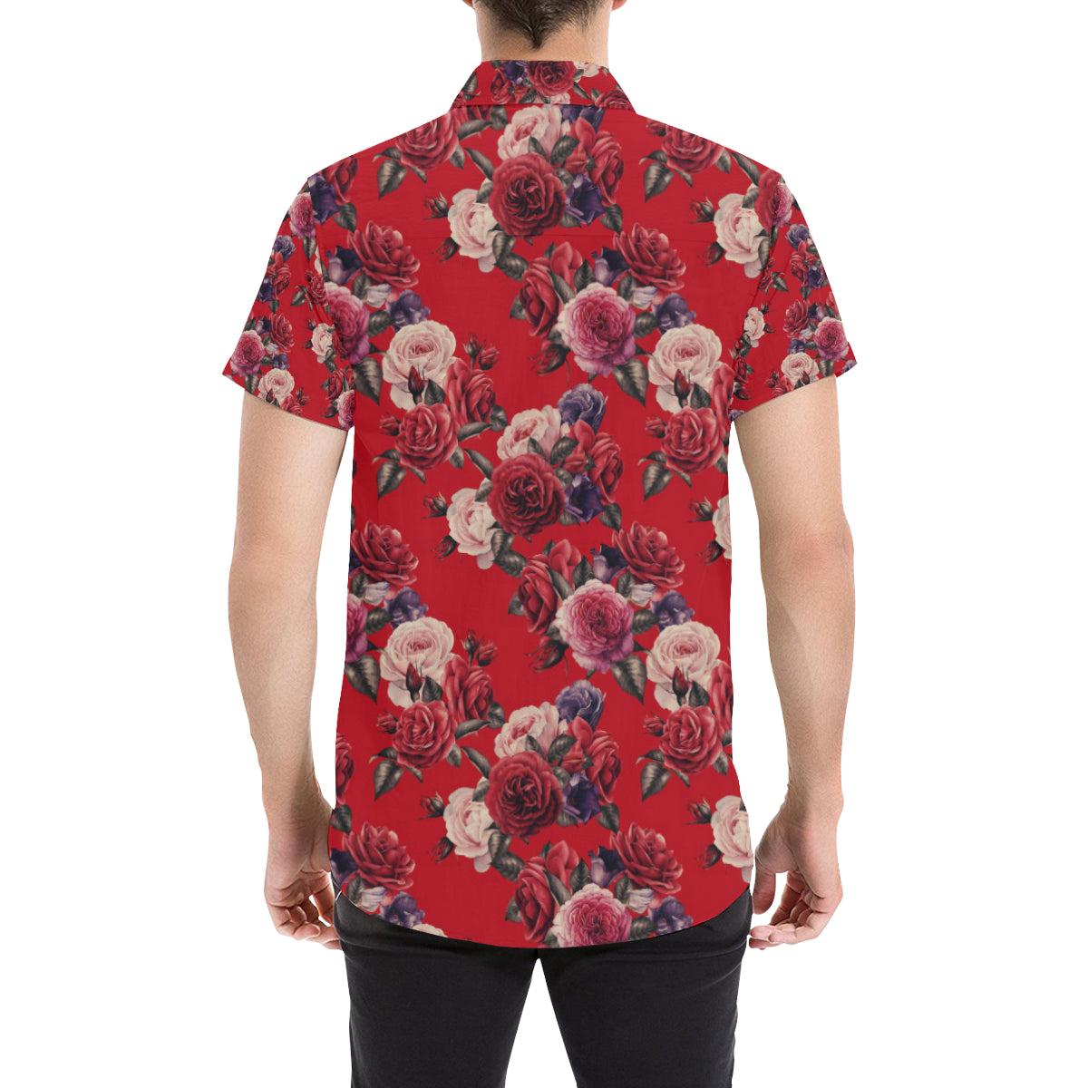 Rose Red Pattern Print Design RO07 Men's Short Sleeve Button Up Shirt