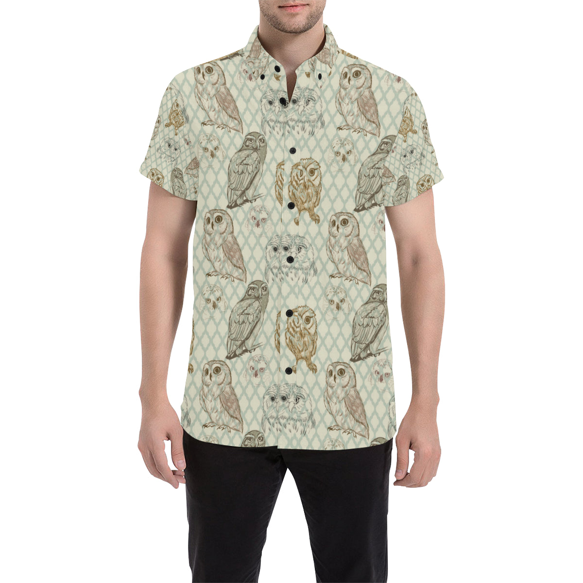 Owl Pattern Print Design A03 Men's Short Sleeve Button Up Shirt