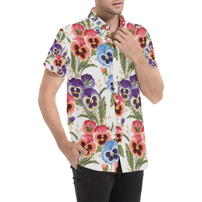 Pansy Pattern Print Design PS06 Men's Short Sleeve Button Up Shirt