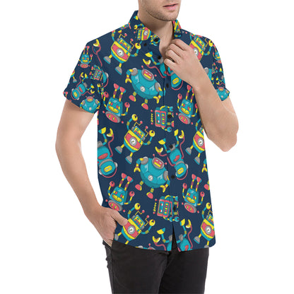 Robot Pattern Print Design A05 Men's Short Sleeve Button Up Shirt