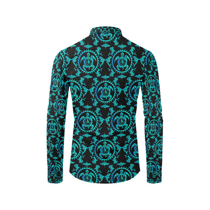 turquoise Tribal Sea Turtle Hawaiian Men's Long Sleeve Shirt
