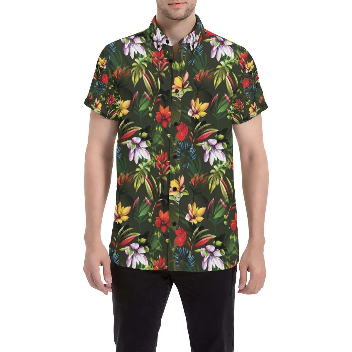 Magnolia Pattern Print Design 02 Men's Short Sleeve Button Up Shirt