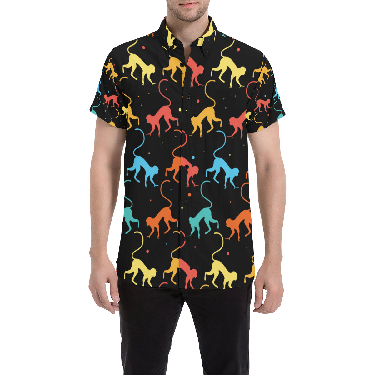 Monkey Pattern Print Design 01 Men's Short Sleeve Button Up Shirt