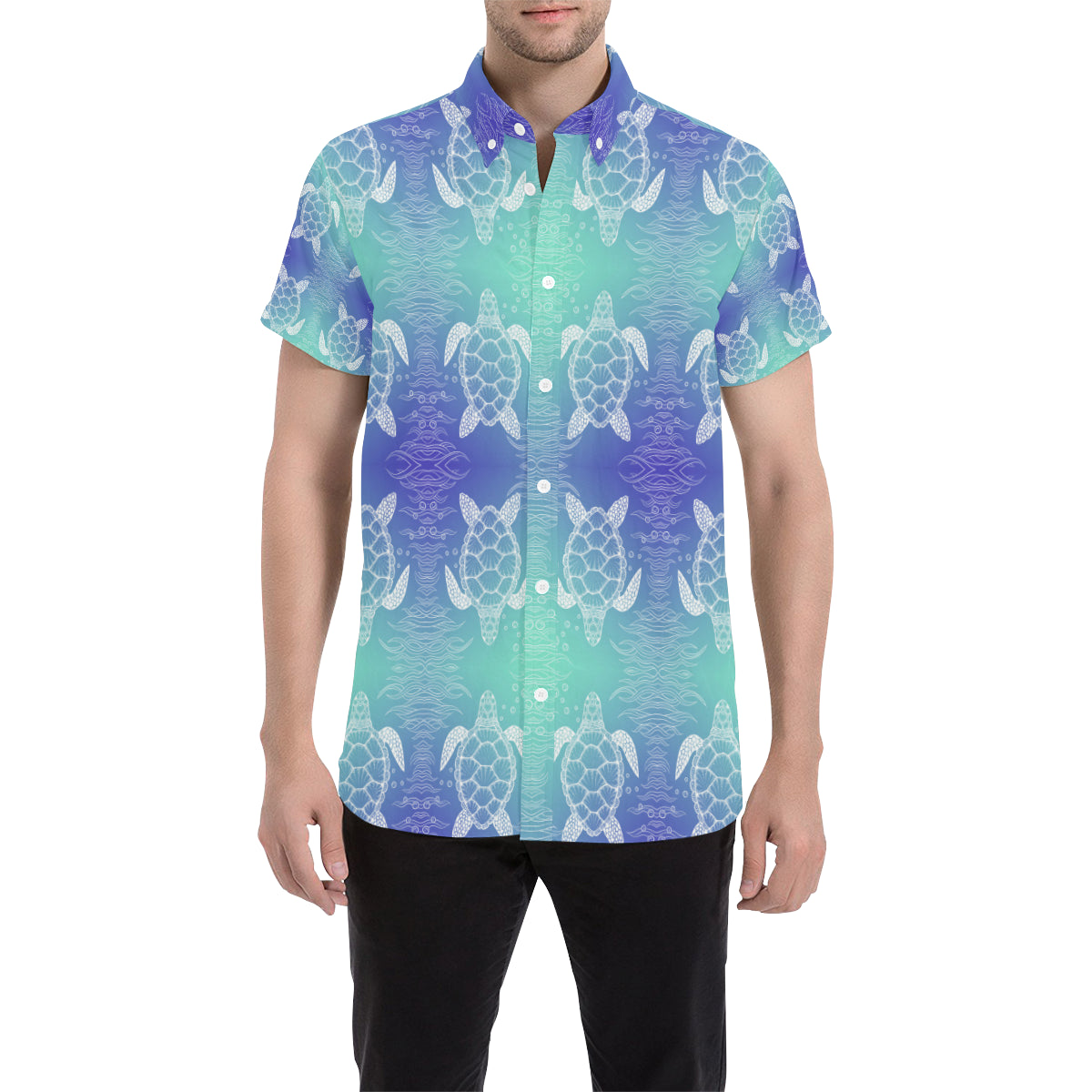 Sea Turtle Draw Men's Short Sleeve Button Up Shirt