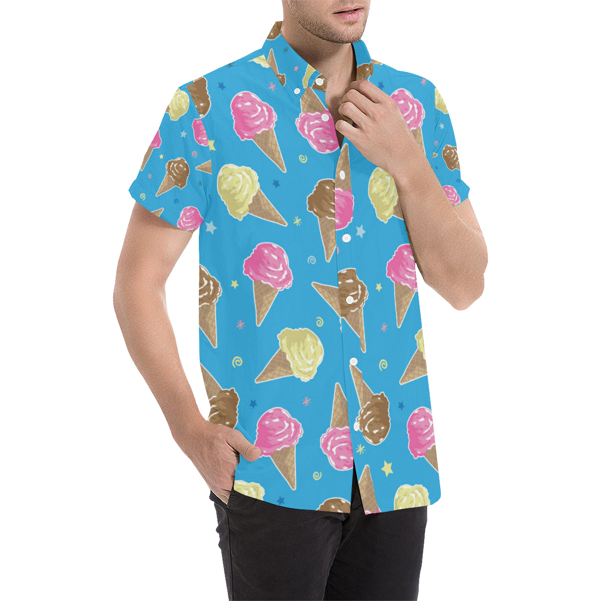 Ice Cream Pattern Print Design 01 Men's Short Sleeve Button Up Shirt